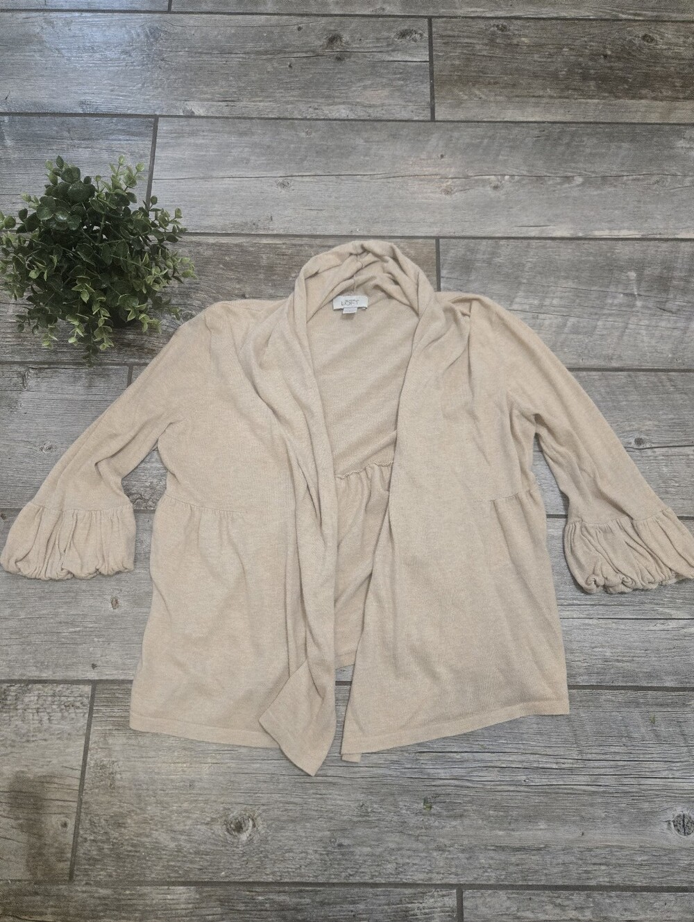 LOFT Beige Open-Front Ruffled Bell Sleeve Business Casual Office Cardigan, L